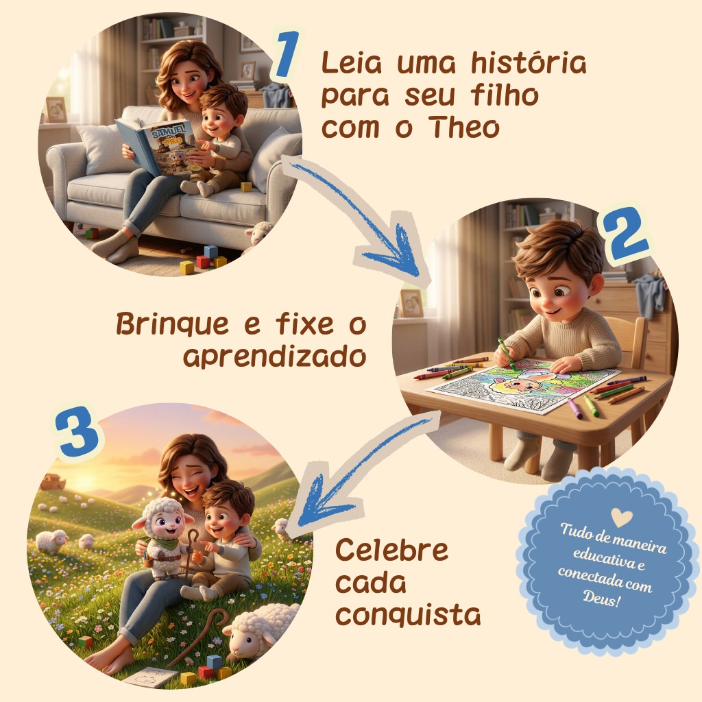 Ilustração dos 3 passos com o Theo