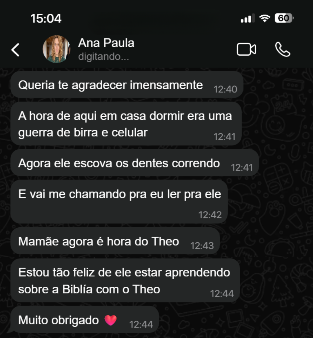 Print WhatsApp — mãe conta que filho pede a história do Theo toda noite